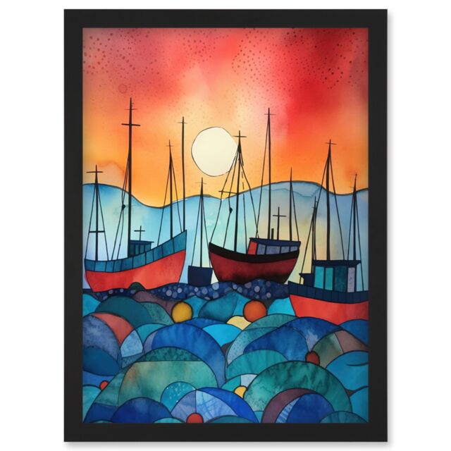Artery8 Fishing Boats At Sunset Folk Art Watercolour Painting Artwork Framed Wall Art Print A4 in Black - image 1