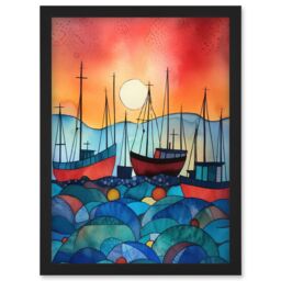 Artery8 Fishing Boats At Sunset Folk Art Watercolour Painting Artwork Framed Wall Art Print A4 in Black - thumbnail 1