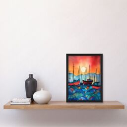 Artery8 Fishing Boats At Sunset Folk Art Watercolour Painting Artwork Framed Wall Art Print A4 in Black - thumbnail 2