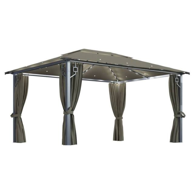 Berkfield Home Gazebo with Curtain&LED String Lights 4x3 m Taupe Aluminium - image 1