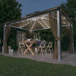 Berkfield Home Gazebo with Curtain&LED String Lights 4x3 m Taupe Aluminium - thumbnail 2