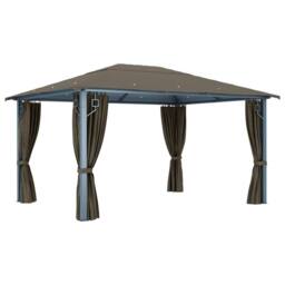 Berkfield Home Gazebo with Curtain&LED String Lights 4x3 m Taupe Aluminium - thumbnail 4