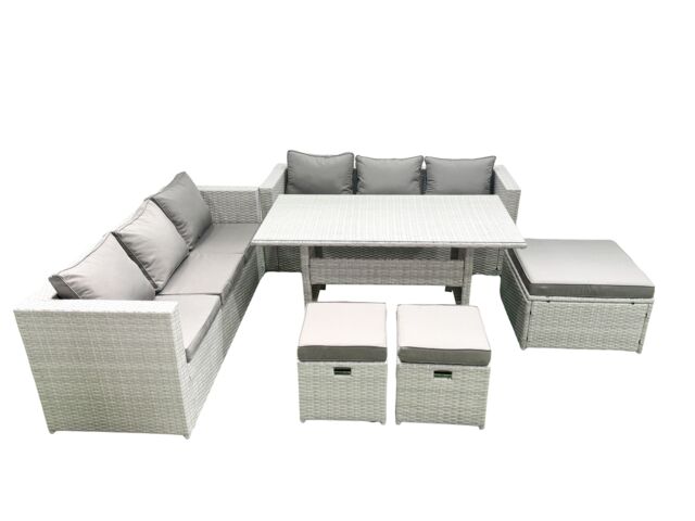 Fimous Rattan Garden Furniture Set 9 Seater Outdoor Sofa Set with Dining Table 3 Footstools Light Grey Mixed - image 1