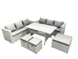 Fimous Rattan Garden Furniture Set 9 Seater Outdoor Sofa Set with Dining Table 3 Footstools Light Grey Mixed - thumbnail 2