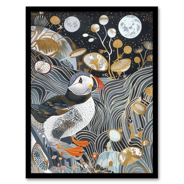"Artery8 Stylised Puffin Full Moon Flower Field Abstract Framed Art Print in Dark Blue - Size: W12"" x H16""" - image 1