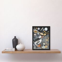 "Artery8 Stylised Puffin Full Moon Flower Field Abstract Framed Art Print in Dark Blue - Size: W12"" x H16""" - thumbnail 4