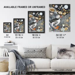 "Artery8 Stylised Puffin Full Moon Flower Field Abstract Framed Art Print in Dark Blue - Size: W12"" x H16""" - thumbnail 3