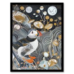 "Artery8 Stylised Puffin Full Moon Flower Field Abstract Framed Art Print in Dark Blue - Size: W12"" x H16""" - thumbnail 1