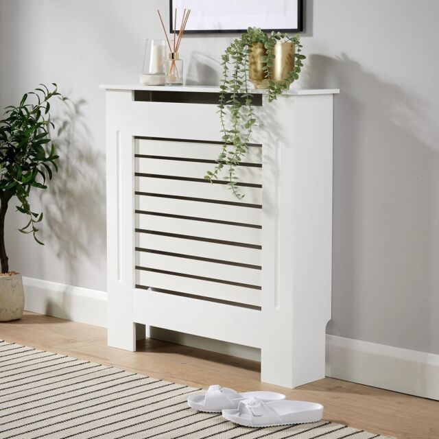 Home Source Small Radiator Cover Wooden MDF Wall Cabinet Shelf Slatted Grill in White - image 1