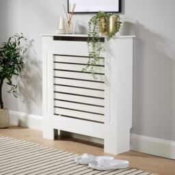 Home Source Small Radiator Cover Wooden MDF Wall Cabinet Shelf Slatted Grill in White - thumbnail 1