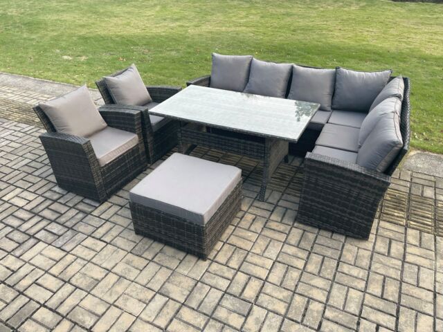 Fimous 9 Seater Garden Rattan Furniture Corner Sofa Dining Table Chairs Set with Big Footstool 2 Armchairs Indoor Outdoor Lounge Sofa Set in Dark Grey - image 1