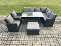 Fimous 9 Seater Garden Rattan Furniture Corner Sofa Dining Table Chairs Set with Big Footstool 2 Armchairs Indoor Outdoor Lounge Sofa Set in Dark Grey - thumbnail 2