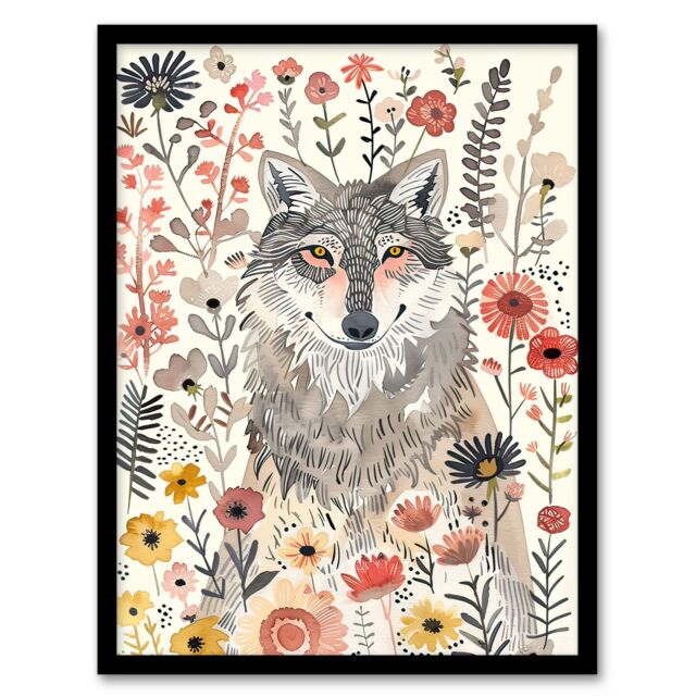 "Artery8 Smiling Wolf Wildflower Meadow Floral Watercolour Framed Wall Art in Pink - Size: W12"" x H16""" - image 1