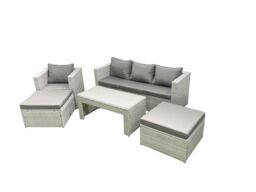 Fimous Outdoor Rattan Garden Furniture Set with Grey Cushions Luxury 6 Seater with 2 Big Footstools & Coffee Table For Conservatory, Patio - thumbnail 2