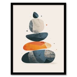 "Artery8 Vertical Stacked Rocks Cairn Boho Stylised Design Framed Wall Art in Grey - Size: W12"" x H16""" - thumbnail 1