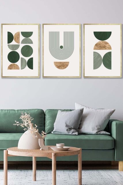 ARTZE Mid Century Geometric in Green & Gold Framed Wall Art - Large in Metallic Gold - Size: W53 cm x H73 cm x D20mm - image 1