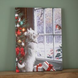 Samuel Alexander 40cm x 30cm Battery Operated Light up Fibre Optic Christmas Dog & Robin Wall Art - Size: 40 cm x 30 cm - thumbnail 1