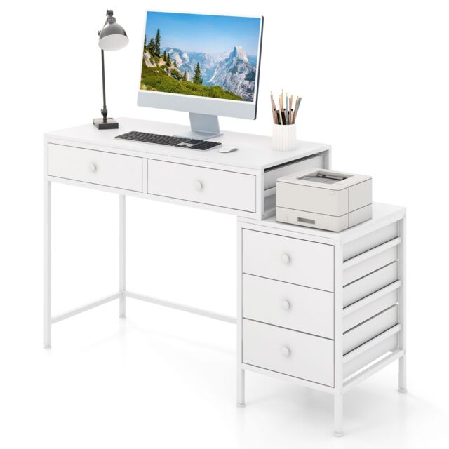 Costway Computer Desk Home Office Desk w/ Side File Cabinet & 5 Drawers in White - image 1