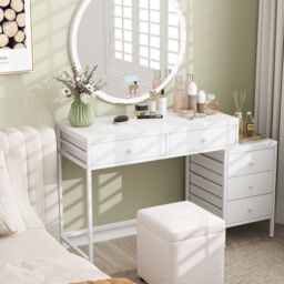 Costway Computer Desk Home Office Desk w/ Side File Cabinet & 5 Drawers in White - thumbnail 9