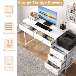 Costway Computer Desk Home Office Desk w/ Side File Cabinet & 5 Drawers in White - thumbnail 8