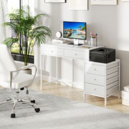 Costway Computer Desk Home Office Desk w/ Side File Cabinet & 5 Drawers in White - thumbnail 3