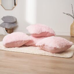 OHS Set of 2 Fluffy Shaggy Filled Cushion with Cover Square in Light Pink - Size: 45 cm x 45 cm - thumbnail 1