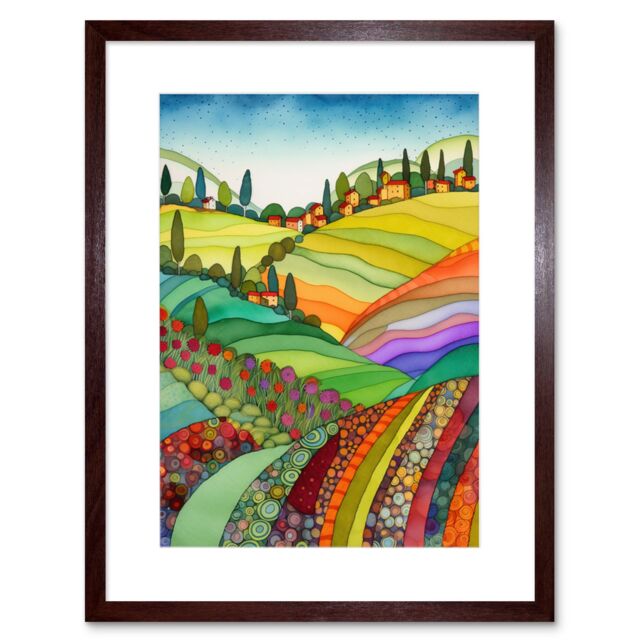 "Artery8 Wall Art Print Abstract Tuscany Hills Landscape Folk Artwork Framed 9X7 Inch in Brown - Size: W7"" x H9""" - image 1