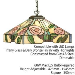 Loops Tiffany Glass Hanging Ceiling Pendant Light Bronze & Square Rose Shade i00156 in Clear - thumbnail 2