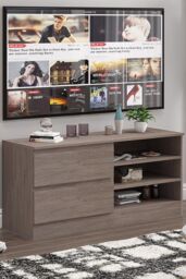 FWStyle Large Rustic Oak TV Entertainment Unit With Drawer & Shelves in Brown - thumbnail 1