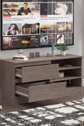 FWStyle Large Rustic Oak TV Entertainment Unit With Drawer & Shelves in Brown - thumbnail 2
