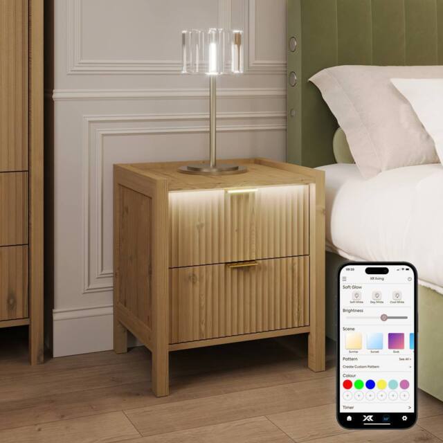 X Rocker XR Living Dak ota Bedside Table with Two Drawers & Lights - Wild Oak in Light Oak - image 1