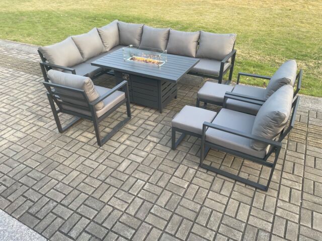 Fimous Aluminium Patio Outdoor Garden Furniture Corner Sofa Set Gas Fire Pit Dining Table with 3 Chairs 2 Footstools Dark Grey