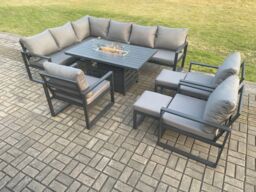 Fimous Aluminium Patio Outdoor Garden Furniture Corner Sofa Set Gas Fire Pit Dining Table with 3 Chairs 2 Footstools Dark Grey - thumbnail 2