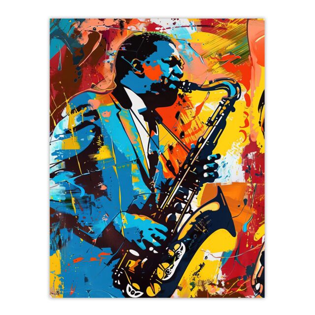"Artery8 Blues Jazz Saxophone Player Vibrant Painting Wall Art Print - Size: W18"" x H24""" - image 1