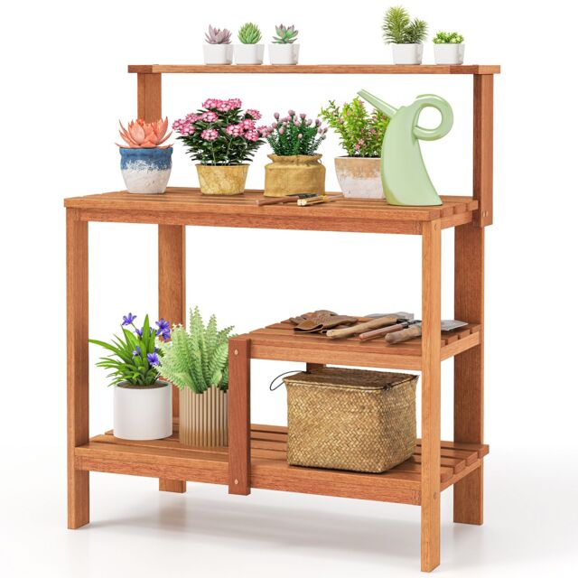 Gymax Garden Potting Bench Table Wood Planting Workstation With Open Shelves in Natural - image 1