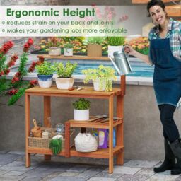 Gymax Garden Potting Bench Table Wood Planting Workstation With Open Shelves in Natural - thumbnail 3