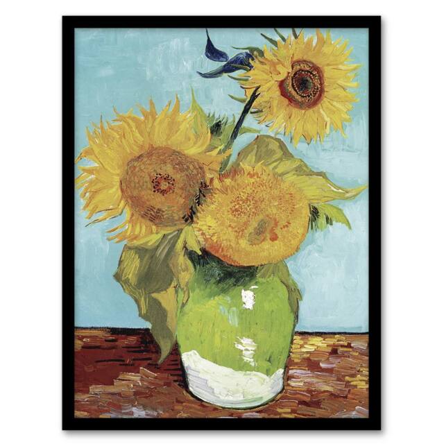 Artery8 Vase with Three Sunflowers Van Gogh Vintage Framed Wall Art Print in Blue - Size: A4 - image 1