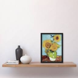Artery8 Vase with Three Sunflowers Van Gogh Vintage Framed Wall Art Print in Blue - Size: A4 - thumbnail 4