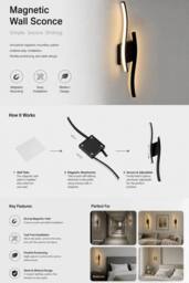 Living and Home 5W Dimmable Magnetic LED Wall Light with Remote & Touch Switch in Black - thumbnail 5