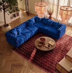 Sofaya Monaco Chesterfield 6 Seater Sofa Velvet Right Hand Corner Chaise in Blue - Size: 6 Person - thumbnail 3