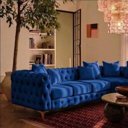 Sofaya Monaco Chesterfield 6 Seater Sofa Velvet Right Hand Corner Chaise in Blue - Size: 6 Person - thumbnail 2