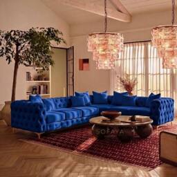 Sofaya Monaco Chesterfield 6 Seater Sofa Velvet Right Hand Corner Chaise in Blue - Size: 6 Person - thumbnail 1