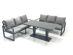 Fimous 6 Seater Aluminium Outdoor Garden Furniture Set with Adjustable Rising Lifting Dining Table 3 Seater Sofa Dark Grey - thumbnail 2