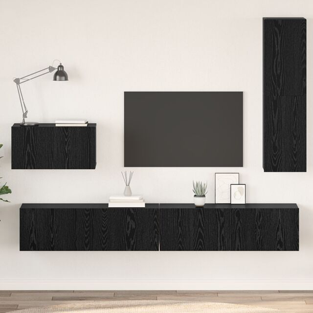Berkfield Home Wall TV Cabinet with Shelf Wall-mounted Other with Storage with Door 4 pcs Black oak - image 1