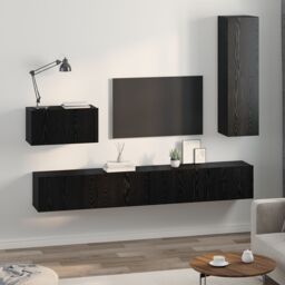 Berkfield Home Wall TV Cabinet with Shelf Wall-mounted Other with Storage with Door 4 pcs Black oak - thumbnail 4