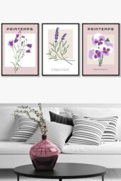ARTZE Set of 3 Black Framed Vintage Graphical Lilac Purple Spring Flower Market Wall Art - Size: W45 cm x H62 cm x D20mm