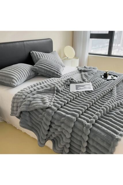 Living and Home Reversible Fluffy Striped Throw Blanket in Grey - Size: Large - image 1