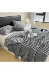 Living and Home Reversible Fluffy Striped Throw Blanket in Grey - Size: Large - thumbnail 1