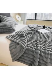 Living and Home Reversible Fluffy Striped Throw Blanket in Grey - Size: Large - thumbnail 5