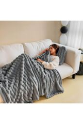 Living and Home Reversible Fluffy Striped Throw Blanket in Grey - Size: Large - thumbnail 4
